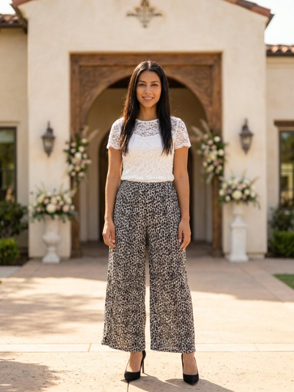 Very J Wide Leg Leopard Pleated Comfy Pants - Small